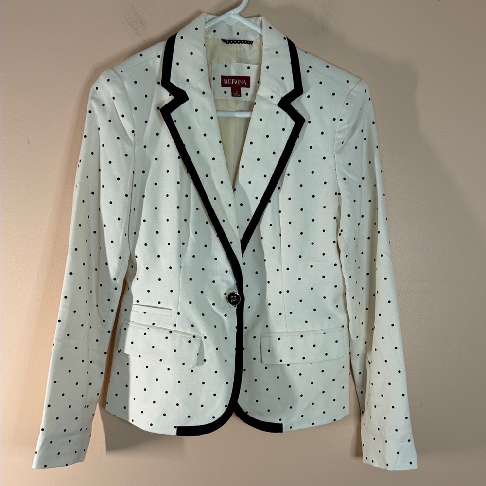 Merona White Polka Dot Blazer with Black Piping